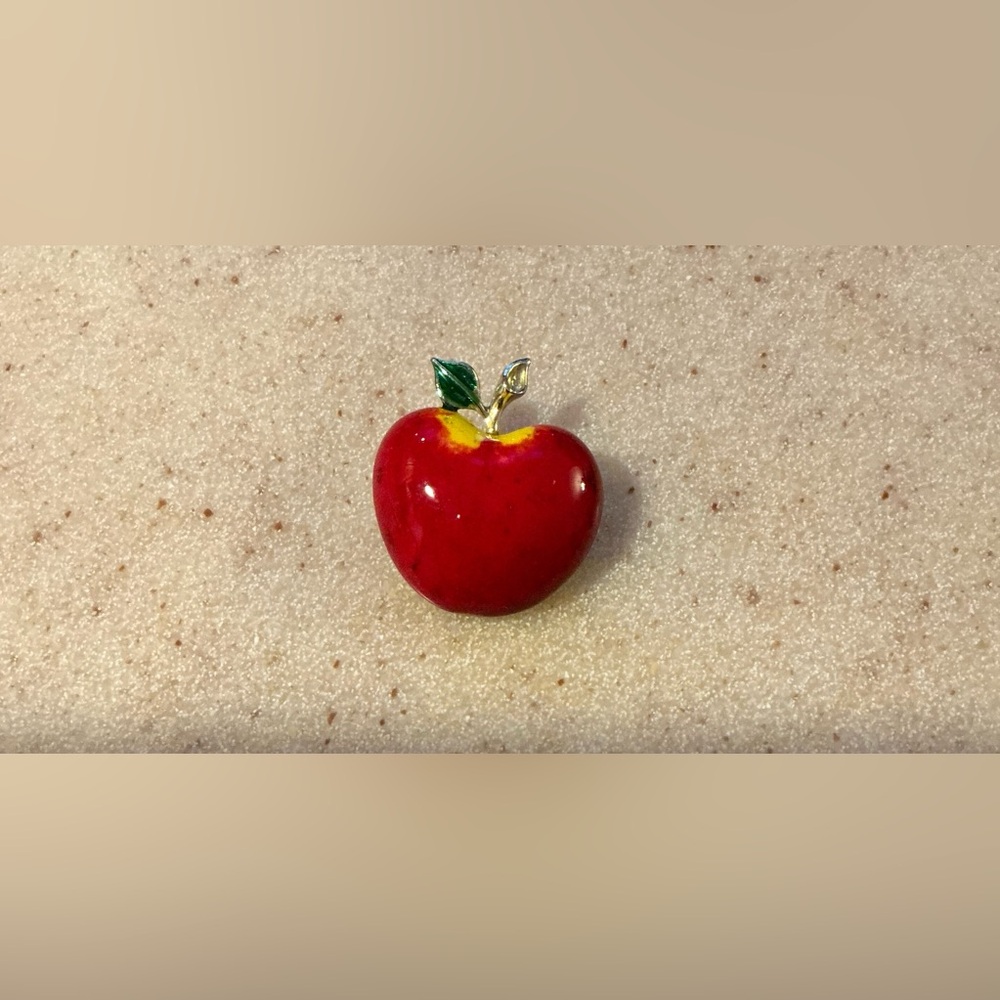 Red Apple Brooch with Green Leaves